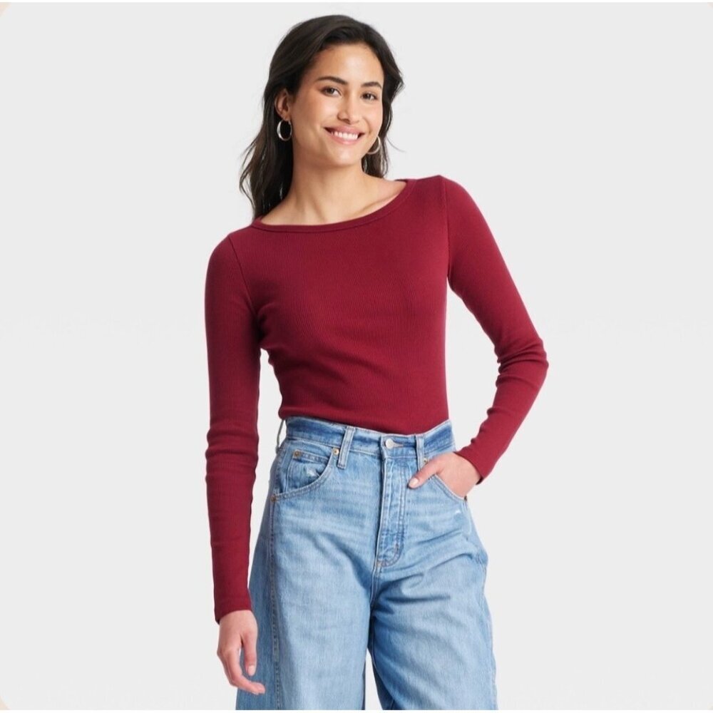 Universal Thread Women's Long Sleeve Boat Neck T-Shirt -Maroon S NWT